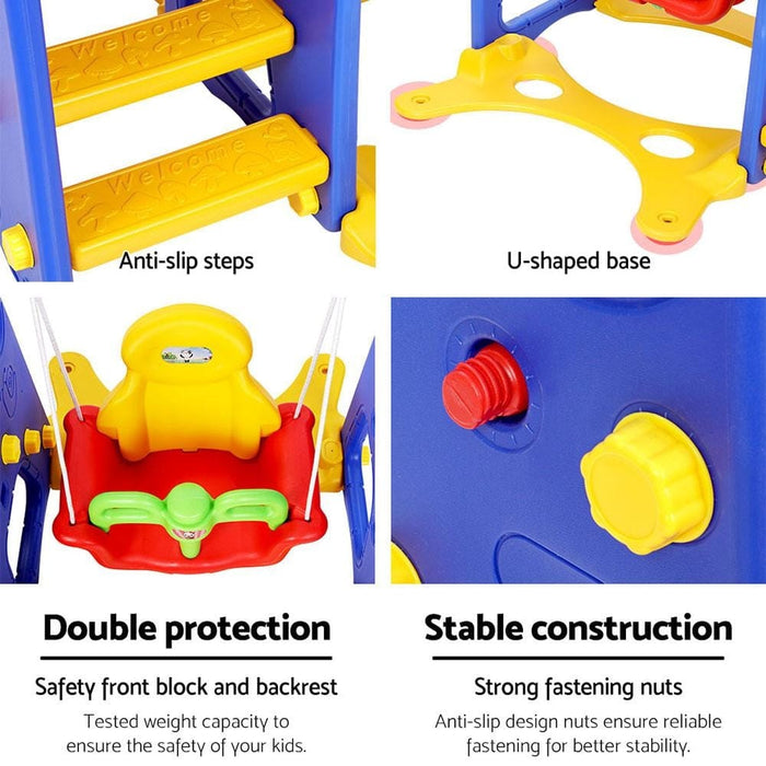 Close up photo of the anti-slip steps, U-shaped base, swing and nuts of 4-in-1 Kids Plastic Swing and Slide kids outdoor slide with text double protection (safety front block and backrest) and Stable construction (strong fastening nuts) with white background