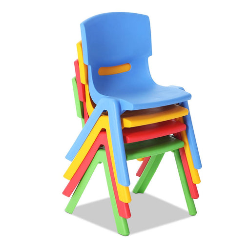 Close up image of 4 Kids Plastic Chairs pile up with white background