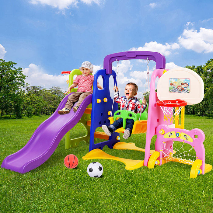 Keezi Kids 7-in-1 Slide and Swing with Basketball and Soccer Playset