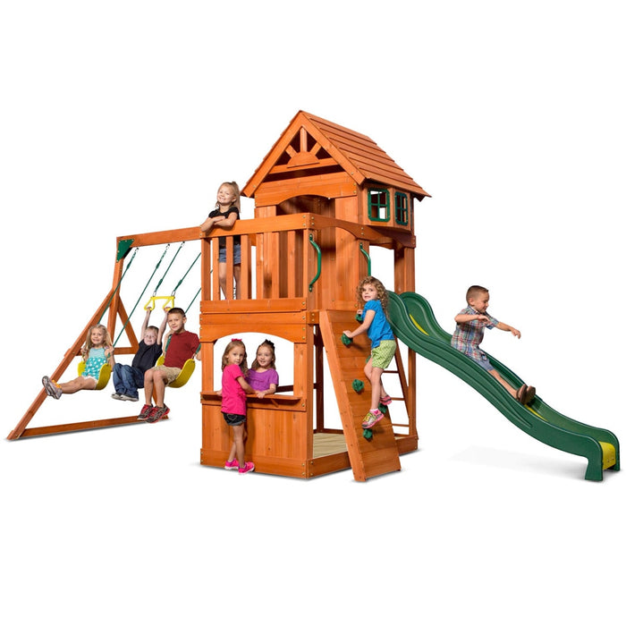Full angle view of Backyard Discovery Atlantis Play Centre Swing And Play Set with children playing in white background
