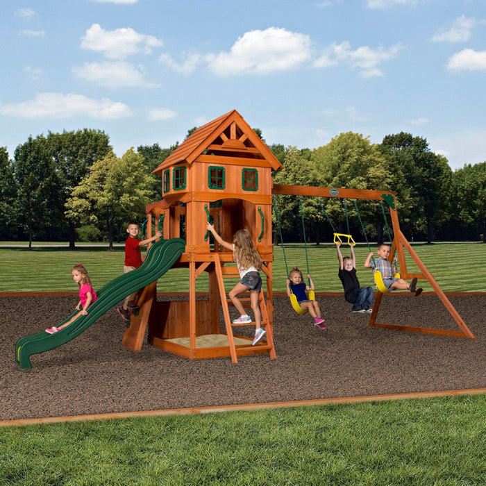 Full view image of Backyard Discovery Atlantis Play Centre Swing And Play Set with kids playing outdoor background