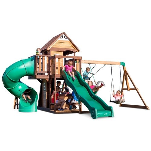 Backyard Discovery Cedar Cove Playground with Swings and Cubby House - Swing Sets