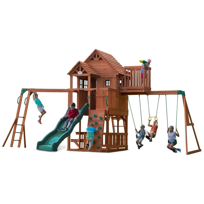 Full image of Skyfort II Swing And Play Set with little children playing with white background