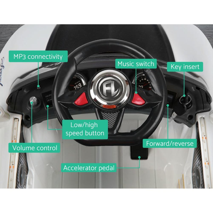 Bugatti Ride on Car - MP3 connectivity; music switch; key insert; low/high speed button; forward/reverse; accelerator pedal; volume control