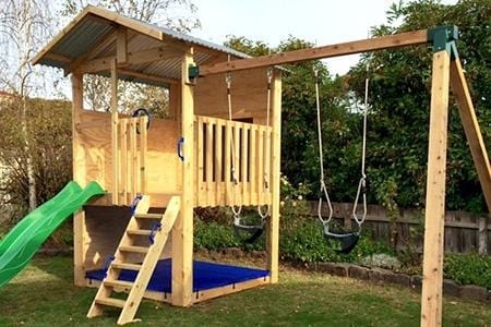Medium Fort Cubby House - plain wood with swing set