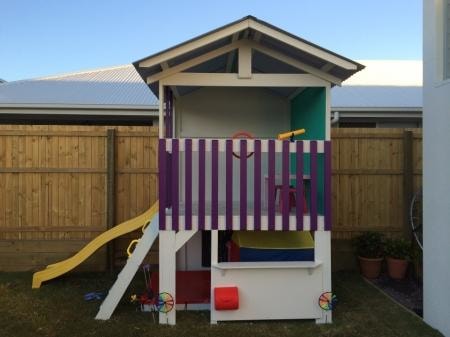 Medium Fort Cubby House - white painted with yellow slide