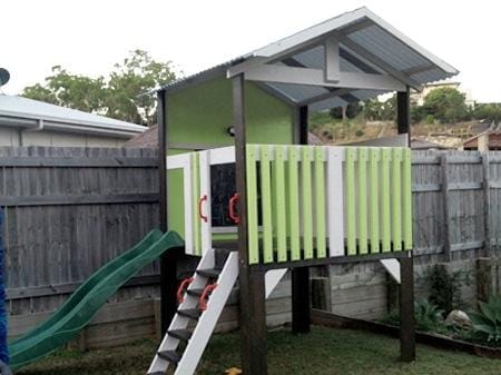 Medium Fort Cubby House - painted in white and light green with green slide