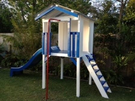 Small Fort Cubby House - painted in white and blue with slide and frame for swing