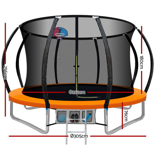 Everfit 10FT Trampoline Round Trampolines With Basketball Hoop Kids Present Gift Enclosure Safety Net Pad Outdoor Orange - Sports & Fitness