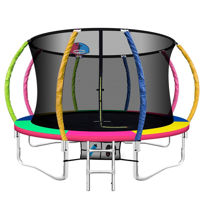 Everfit 12FT Trampoline Round Trampolines With Basketball Hoop Kids Present Gift Enclosure Safety Net Pad Outdoor Multi-coloured - Sports &