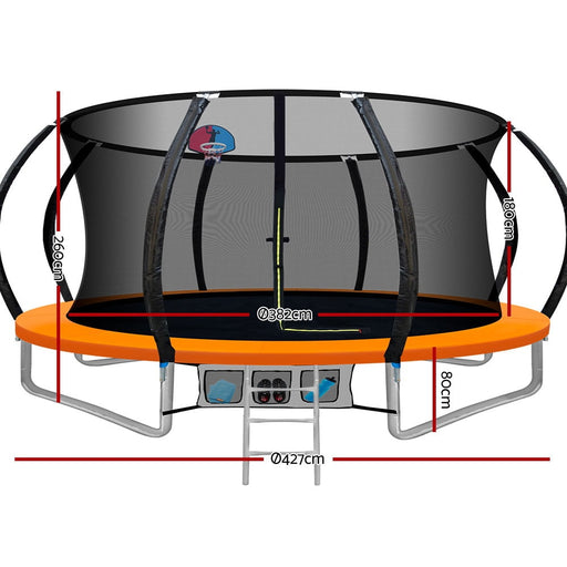 Everfit 14FT Trampoline Round Trampolines With Basketball Hoop Kids Present Gift Enclosure Safety Net Pad Outdoor Orange - Sports & Fitness