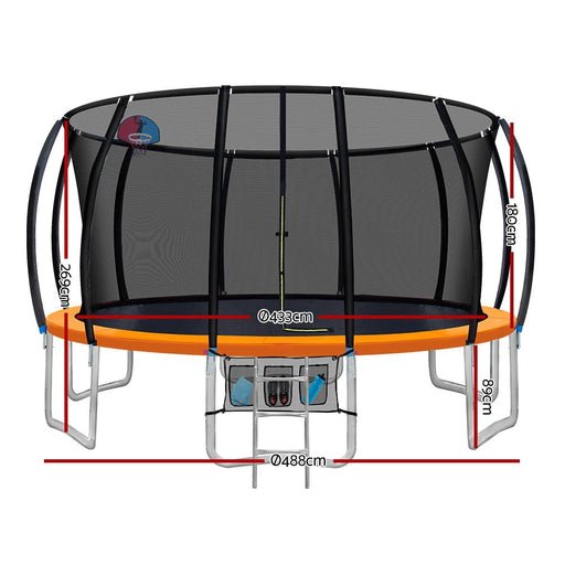 Everfit 16FT Trampoline Round Trampolines With Basketball Hoop Kids Present Gift Enclosure Safety Net Pad Outdoor Orange - Sports & Fitness