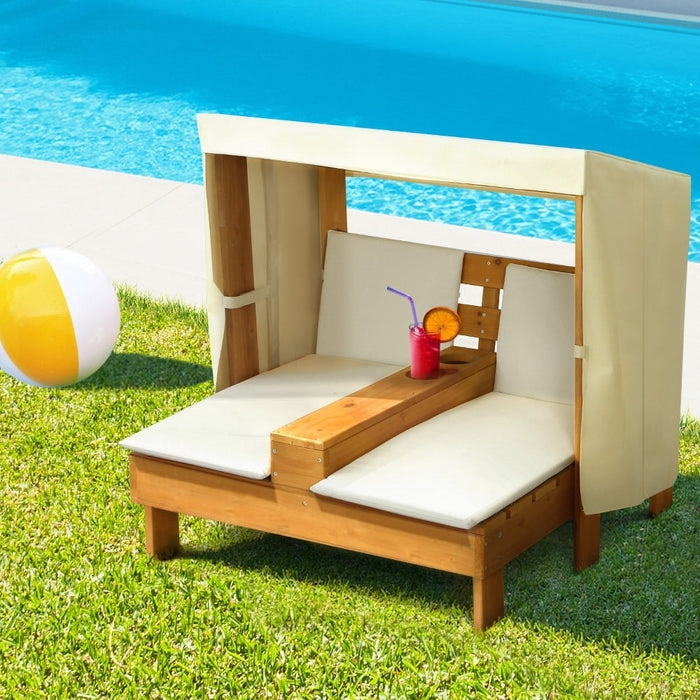 Keezi Kids Outdoor Double Wooden Lounge Chair with Canopy Chaise Cup Holders - Baby & Kids > Kid’s Furniture