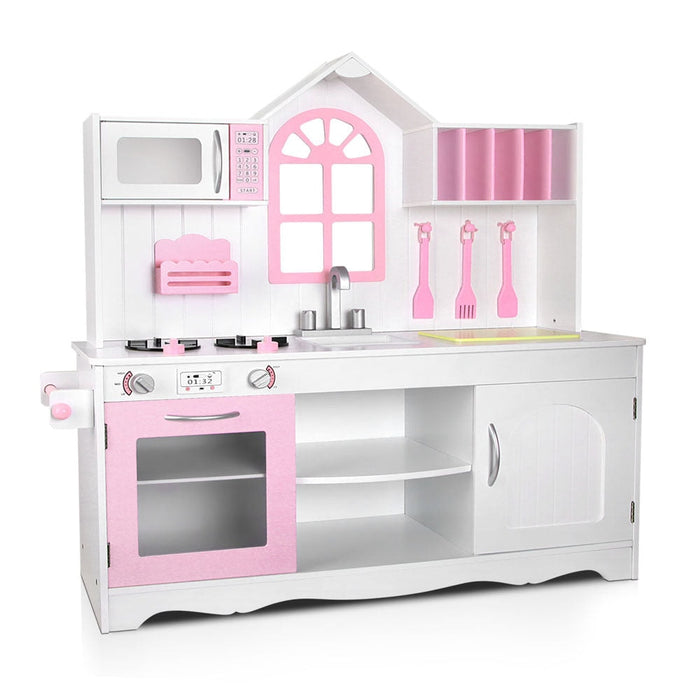 White And Pink Kids Wooden Kitchen Play Set white background