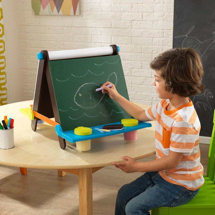 Kids Tabletop Easel - little boy drawing a fish on chalkboard