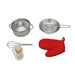 Image of the free utensils, pot, frying pan, whish, ice cubes and pot holder of Play Kitchen For The Best Pretend Meals in white background