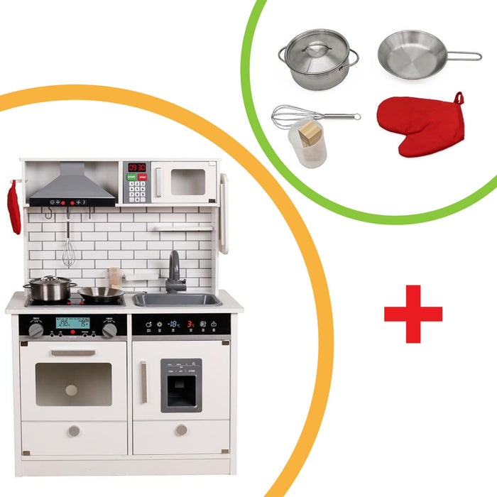Full front image of Play Kitchen For The Best Pretend Meals with the free utensils in white background