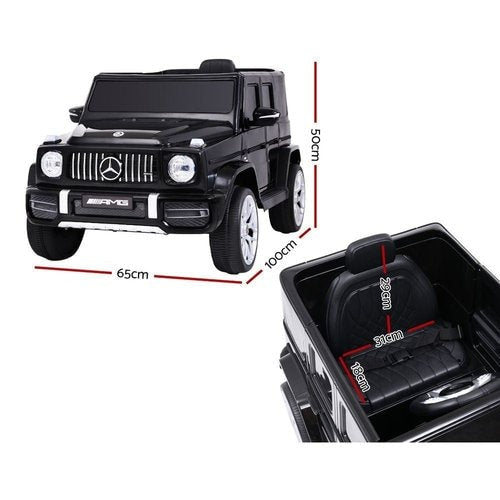 Full image of Mercedes 12v AMG G63 with dimensions and close up image of the backseat of Mercedes 12v AMG G63 with dimensions in white background