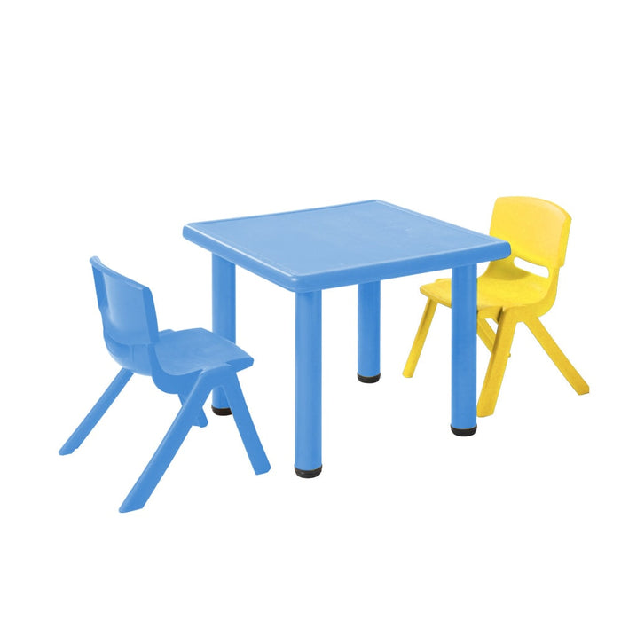 white background with the Kids Play Table - Blue with 2 chairs