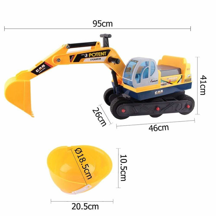 white background with the Yellow Ride On Excavator measurement