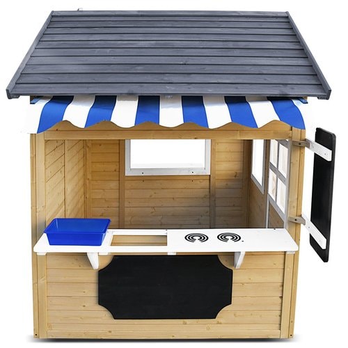Side view image of Aberdeen Kids Cubby House with the shop front and main blackboard and white background
