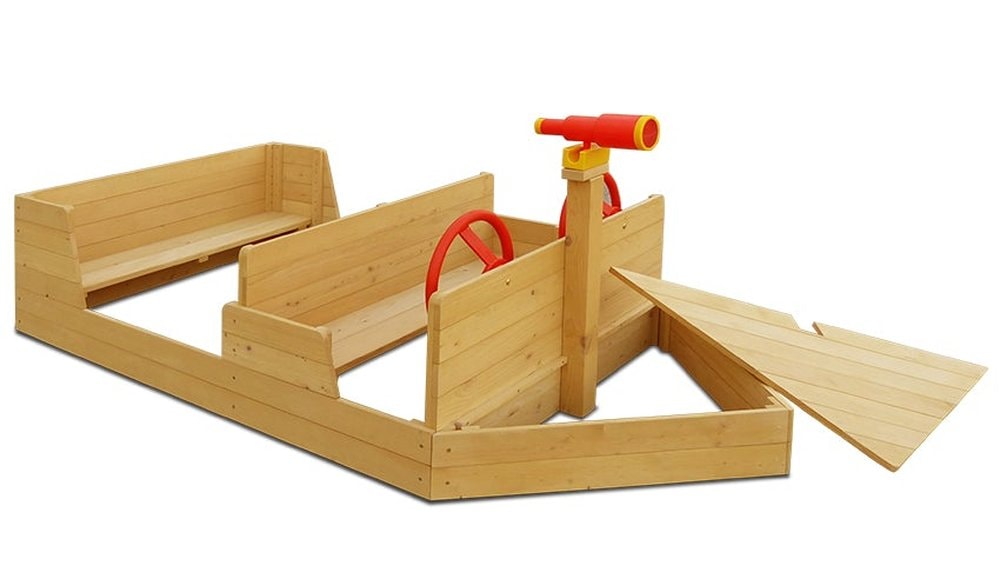 Angle view image of Admiral Play Boat Sandpit and two captain steering wheels and telescope with white background