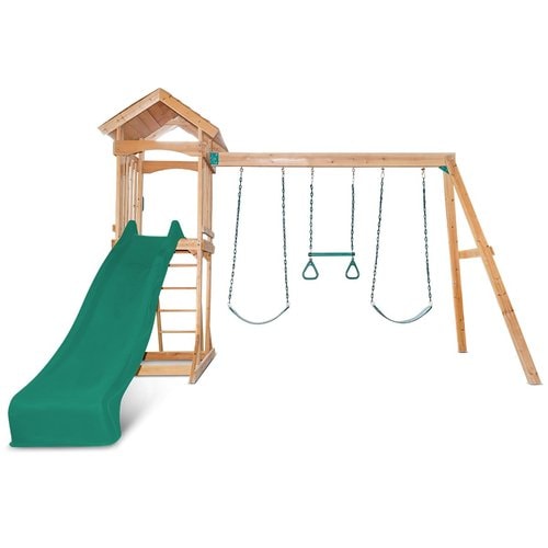 Full front view image of Albert Park Swing And Play Set kids playcentre with green slide and swings and trapeze with white background