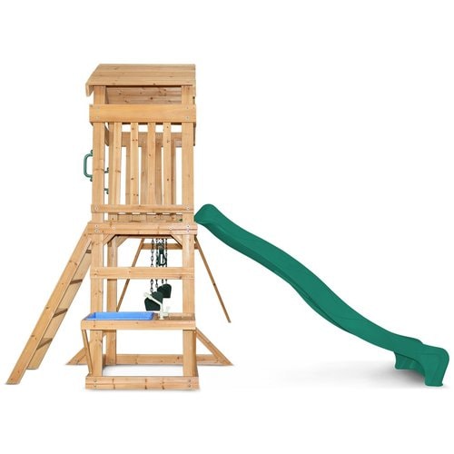Full side view image of the Albert Park Swing And Play Set kids playcentre with the mud kitchen, and the shop, and slide in view with white background