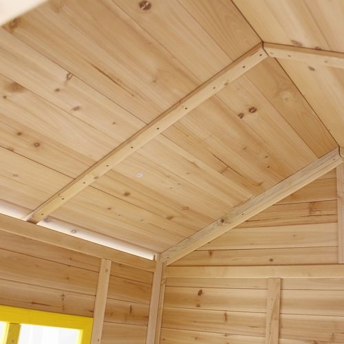 Close up image of  the wooden roof of Archie Cubby House with slide
