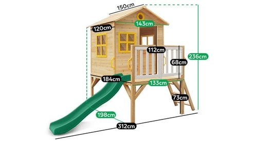 Full image of Archie Cubby House with slide and with dimensions in white background