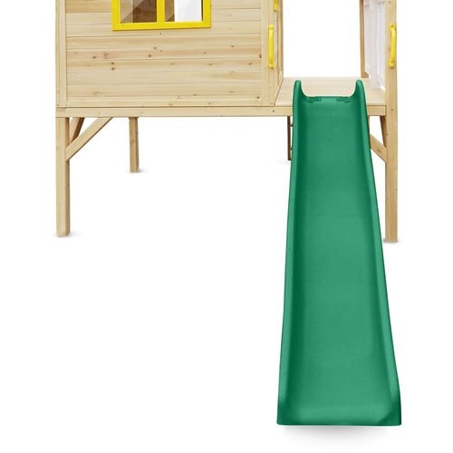 Close up view of the green slide of Archie Cubby House with slide in white background