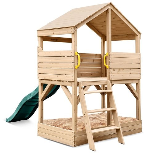 Full angle view of Bentley Play Cubby House whosing both ladder and slide in white background