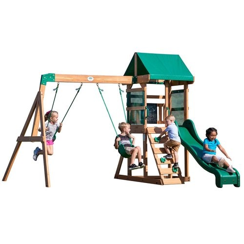 Image of 4 children playing in the Buckley Hill Play Set in white background