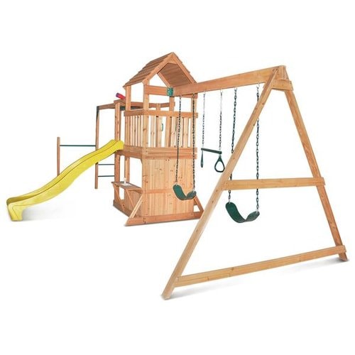 Side view angle image of Coburg Lake Swing And Play Set with yellow slide in white background