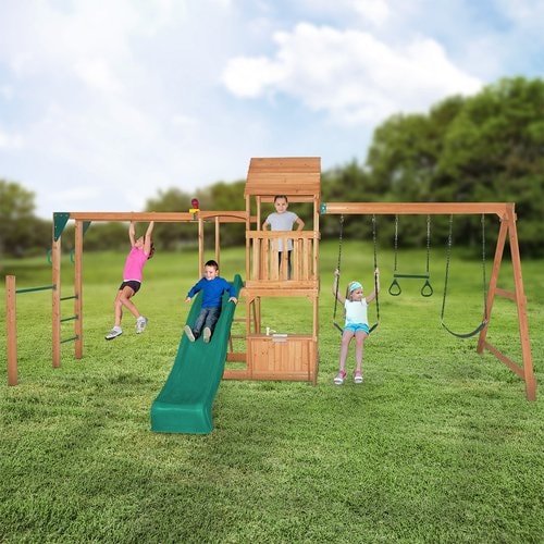 Full front image of Coburg Lake Swing And Play Set with kids playing in outdoor background