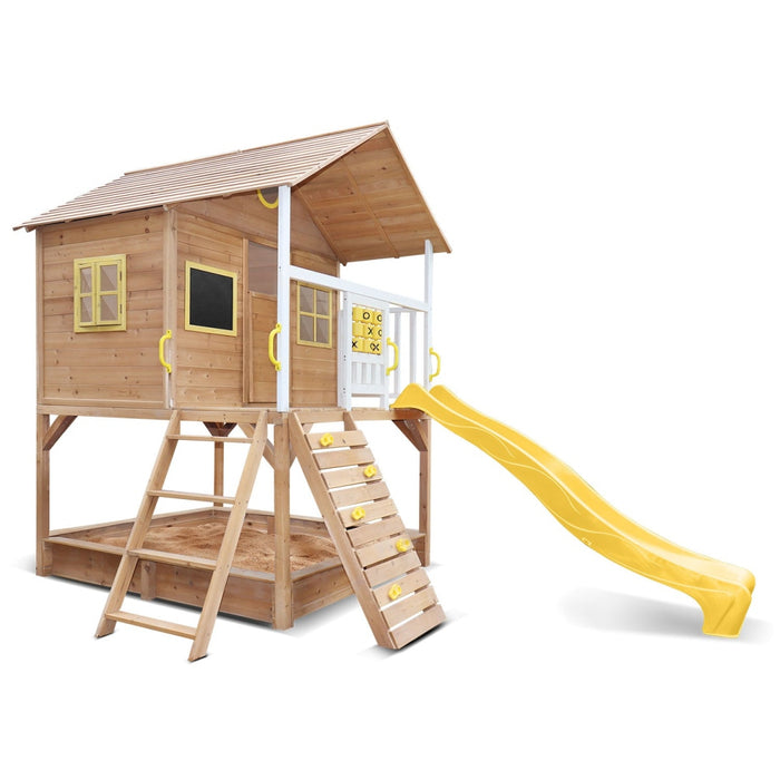 Angular side of the Warrigal Cubby House with yellow slide in white background