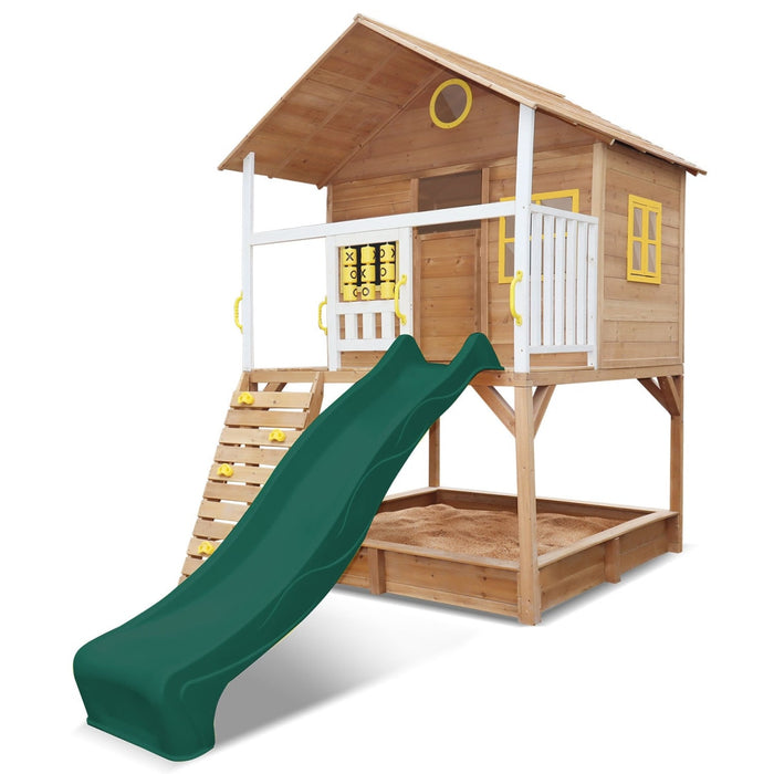 Angle front view image of Warrigal Cubby House with green slide in white background