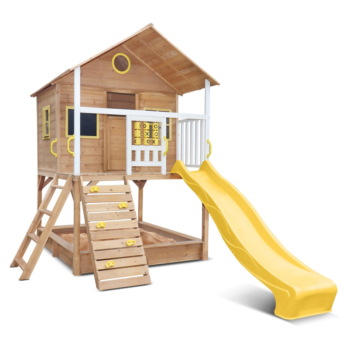 Full image of Warrigal Cubby House with yellow slide in white background