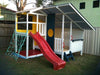 Mega Triplex Cubby House - full painted with red slide and climbing net