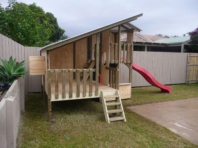 Mega Triplex Cubby House - unpainted with red slide