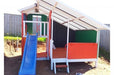 Mega Triplex Cubby House - empty house with blue slide; painted in green and orange
