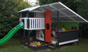 Mega Triplex Cubby House - fully painted and furnished with green slide and sand pit; little kids enjoy playing in the house