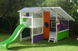 Mega Triplex Cubby House - little girl enjoying the house; simple design with green slide