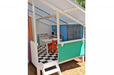 Mega Triplex Cubby House - floor designed as black and white checkered; with mini kids kitchen and tables and chairs