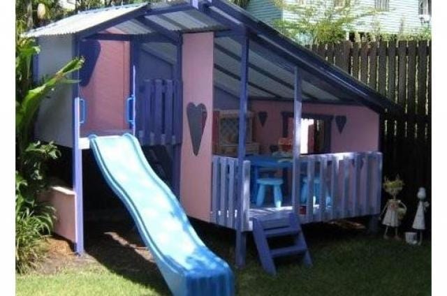 Mega Triplex Cubby House - fully designed painted in blue and pink