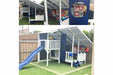 Mega Triplex Cubby House - designed for the little boy in the house. painted in white and blue; with blue slide