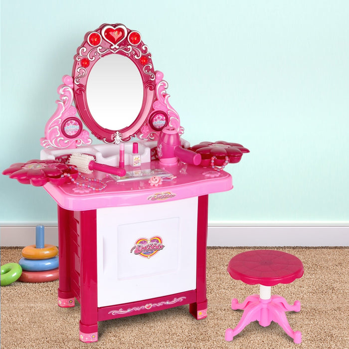 Pink Princess Make Up Dresser with 30 Pieces Accessories and Mini Stool - Imaginary Play