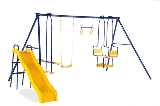 Full/actual image of 5 in 1 Unit Metal Swing and Slide Set with white background