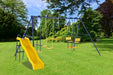 Full/actual image of 5 in 1 Unit Metal Swing and Slide Set with outdoor background