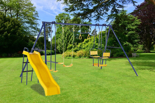 Full/actual image of 5 in 1 Unit Metal Swing and Slide Set with outdoor background